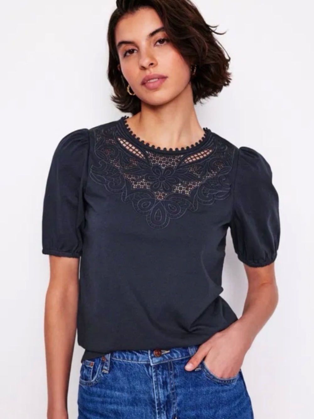 Boden Cutwork Lace-Yoke Puff Sleeve Top in 100% Cotton Navy